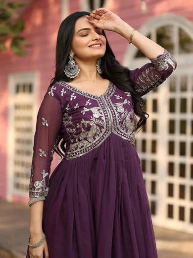 Pretty Wine Georgette Sequins Work Festival Wear Gown